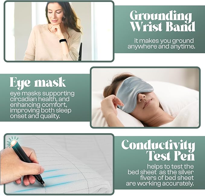 LuxeCraft Grounding Fitted Sheet – Organic Cotton & Silver Fiber | Breathable, Skin-Friendly | 15" Deep | Includes Tester Pen, Wristband, Eye Mask & Cord, King Size (White)
