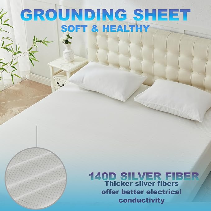 Grounding Sheets for Improving Sleep Quality,Pure Silver Fiber+Organic Cotton,Bedding Grounded Fitted Sheet Set,Deep Pocket. (White, King)