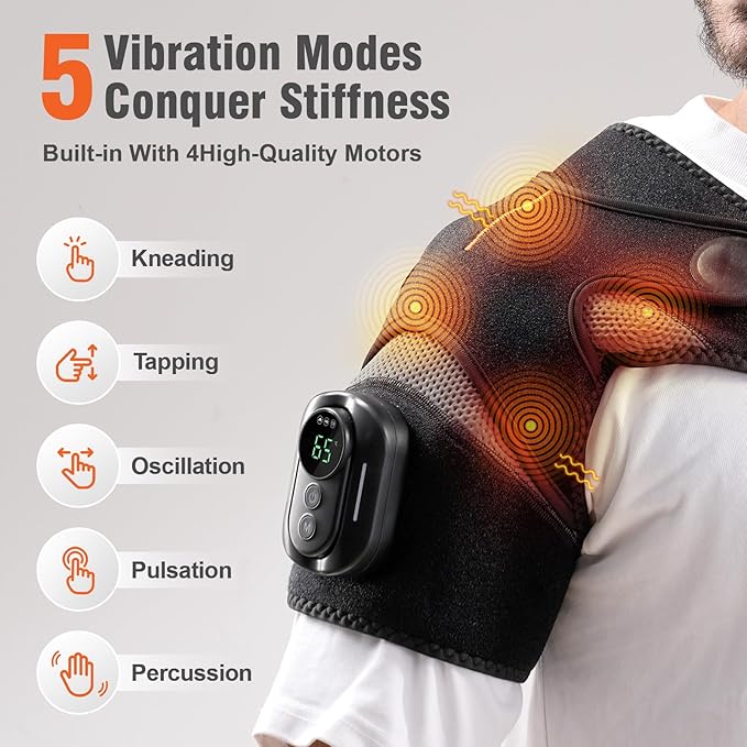 Cordless Shoulder Heating Pad with Detachable Remote, 5 Heat and 5 Vibration Heated Shoulder Wrap, Shoulder Brace Massager for Pain Relief, Warm Gifts for Women Men