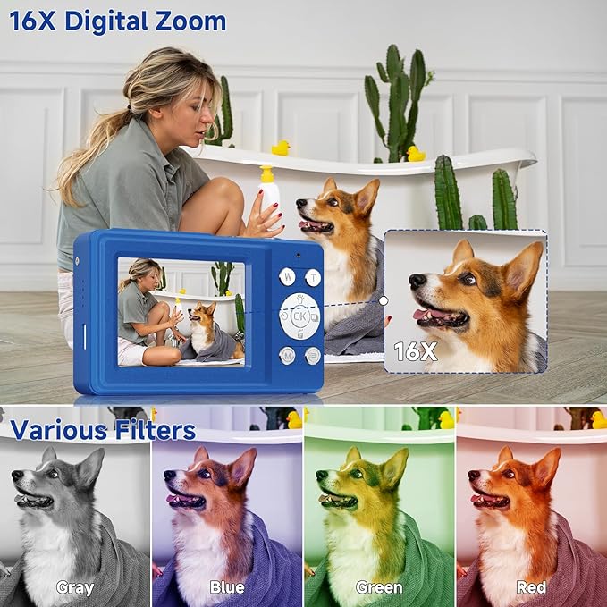 Digital Camera, 56MP 2.7K Dual-Screen Selfie Camera with 16X Zoom, 20 Filters & Anti-Shake, Portable Point and Shoot Digital Cameras with 32GB Card, Compact Travel Cameras for Beginners Teens Kids