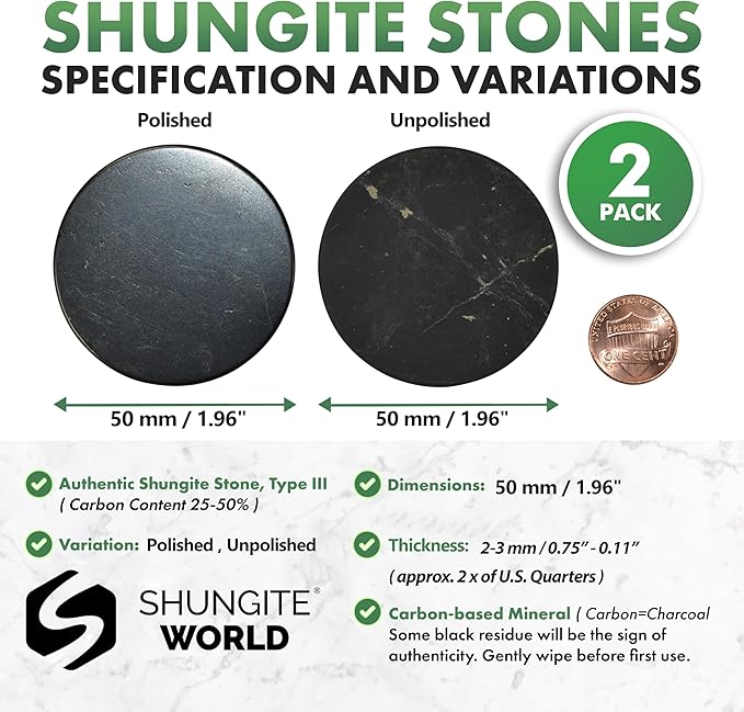2 pcs Shungite Stickers Set Round 50 mm Polished and Unpolished (1 of Each) for Cell Phone Case Tablet Laptop Computer - Energy Shungite Stones Protection Plate with Carbon Fullerenes
