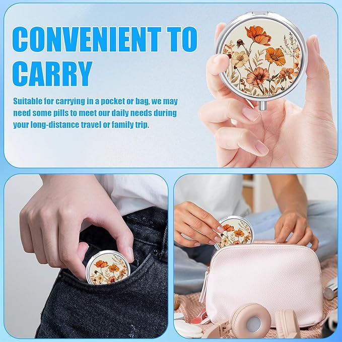 Pill Box, 3 Compartments Small Pill Case Travel Portable Metal Medicine Box with Mirror Mini Container for Purse Pocket Women Men(Red Poppy Flower)