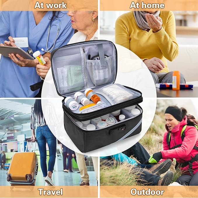 Trunab Medicine Storage Bag with Combination Lock, Lockable Pill Bottle Organizer, Travel Medication Carry Case for Medicine Box, Prescription, Vitamins, Supplements or Medical Supplies