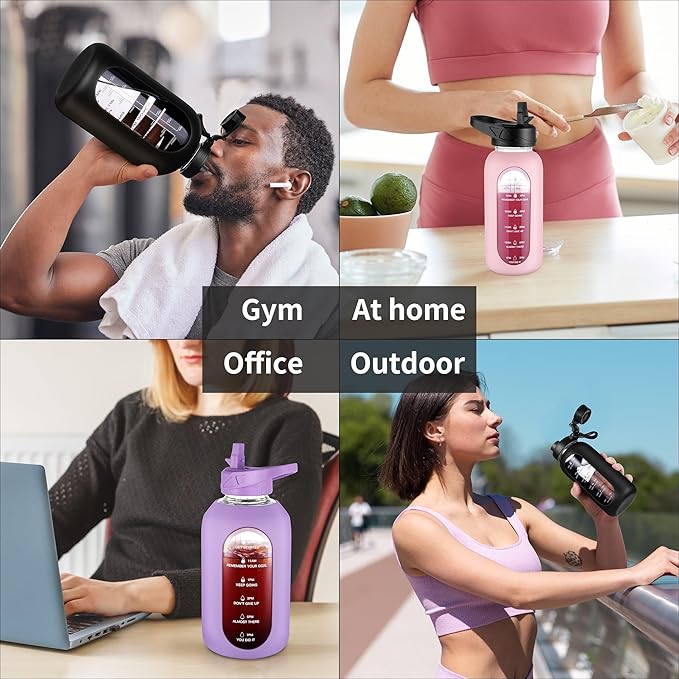 CIVAGO 32 oz Glass Water Bottle with Straw and Handle, Large Sports Motivational Water Bottle Flask with Time Marker and 2 Lids, Leakproof Water Jug Canteen with Silicone Sleeve for Gym,Camelia