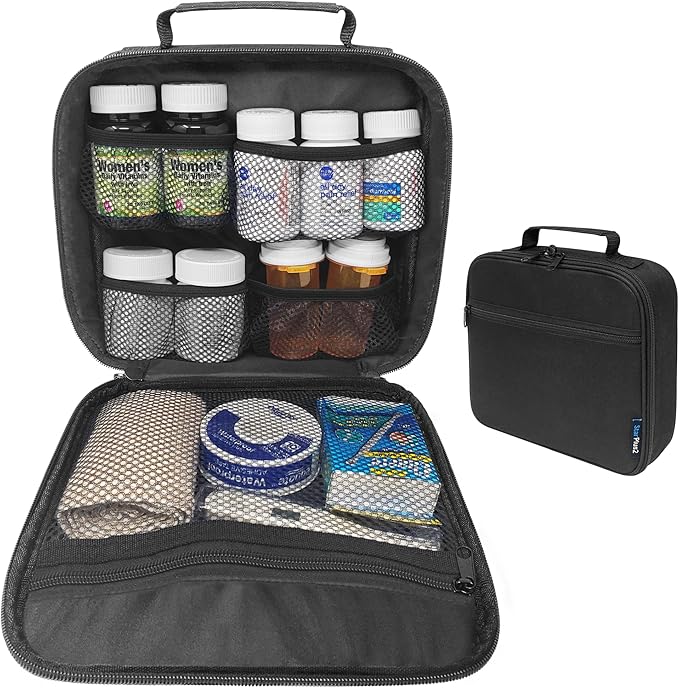 Medium Travel Pill Bottle Organizer, Slim Medicine Bag, Carrier for Medications and Medical Supplies - Black