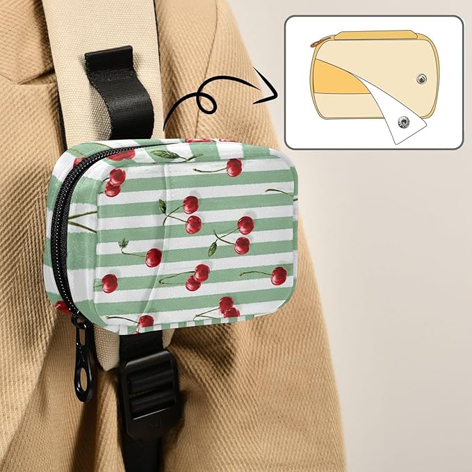 Vertical Green and White Striped Cherries Travel Pill Organizer Case Box Container Weekly Portable Vitamin Medicine Holder Storage Bag with Zipper Removable