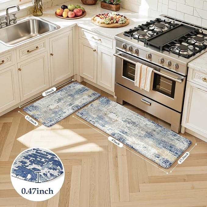 LEEVAN Kitchen Mats Cushioned Anti Fatigue Blue Set of 2,Non Slip Waterproof Kitchen Mats for Floor,Memory Foam Comfort Abstract Kitchen Floor Mat for Sink,Laundry,Home,Office,Desk(17"x29"+17"x47")