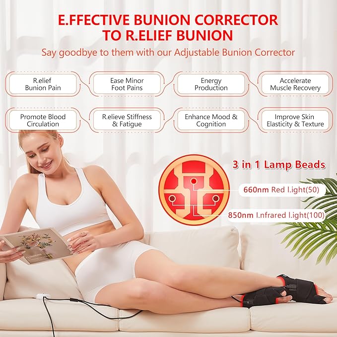 JOBYNA 2PCS in.frared L.Ight T.herapy Bunion Corrector for Women & Men, 660nm Red L.Ight & 850nm I.nfrared L.Ight Big Toe Straightener for Bunion P.a.i.n R.e.l.i.e.f, Adjustable Temperature & Time