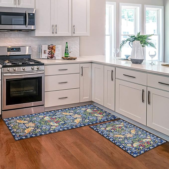 Blue Kitchen Rug Sets of 2, Vintage Floral Kitchen Mats for Floor Non Slip, Washable Cushioned Boho Bird Runner Rug for Kitchen Floor Laundry Desk Sink 17”x30“+17''x47''