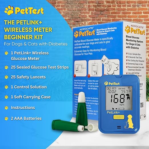 PetTest Beginner Glucose Monitoring Kit for Dogs & Cats, Diabetic Pet Blood Sugar Check Gear, Includes Wireless PetLink+ Meter, 25 Test Strips, 25 Safety Lancets, Soft Carrying Case, and more
