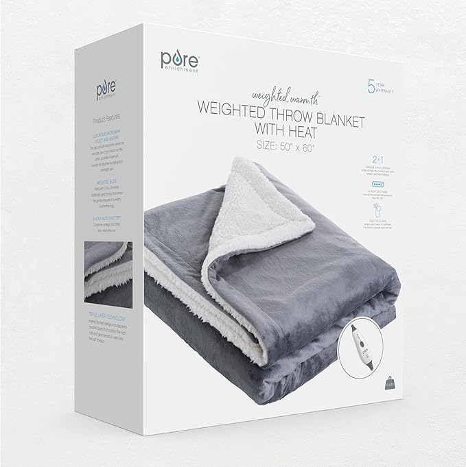 Pure Enrichment WeightedWarmth - 2-in-1 Heated Weighted Blanket, 13 lbs (50” x 60”) Large, 4 Relaxing InstaHeat™ Settings, Cozy and Soft Micromink and Sherpa, Reversible Throw with Storage Bag