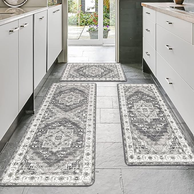 Cushioned Kitchen Rug Sets 3 Piece Anti Fatigue Kitchen Mats for Floor Non Slip Waterproof Kitchen Rugs and Mats Comfort Standing Mat Runner for Home Office,Sink,Laundry