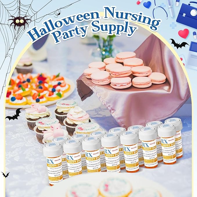 50 Set Nursing Halloween Party Supplies 50 Empty Pill Bottles with Caps Plastic Medicine Containers with 50 Sticky Label Pill Vial for Nurse Party Favors Serve (8 Dram)