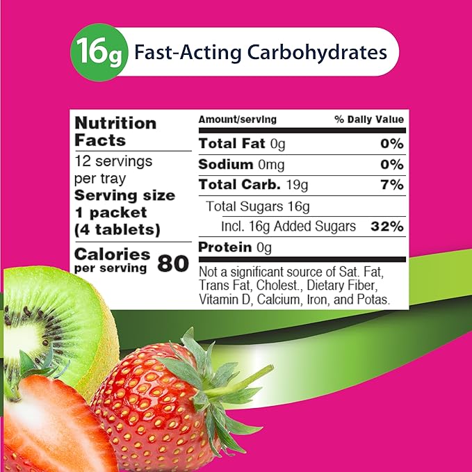 TRUEplus Soft Tabs Glucose Tablets, Chewable, Kiwi Strawberry Flavor, 16g Fast-Acting Carbohydrates, Fat Free, Gluten Free, Raise Low Blood Sugar and Boost Energy, 4 Count, 72 Packs