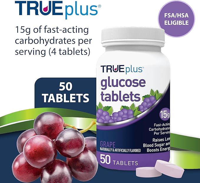 TRUEplus Glucose Tablets, Chewable, Grape Flavor, 15g Fast-Acting Carbohydrates, Fat Free, Gluten Free, Raise Low Blood Sugar and Boost Energy, 50 Count