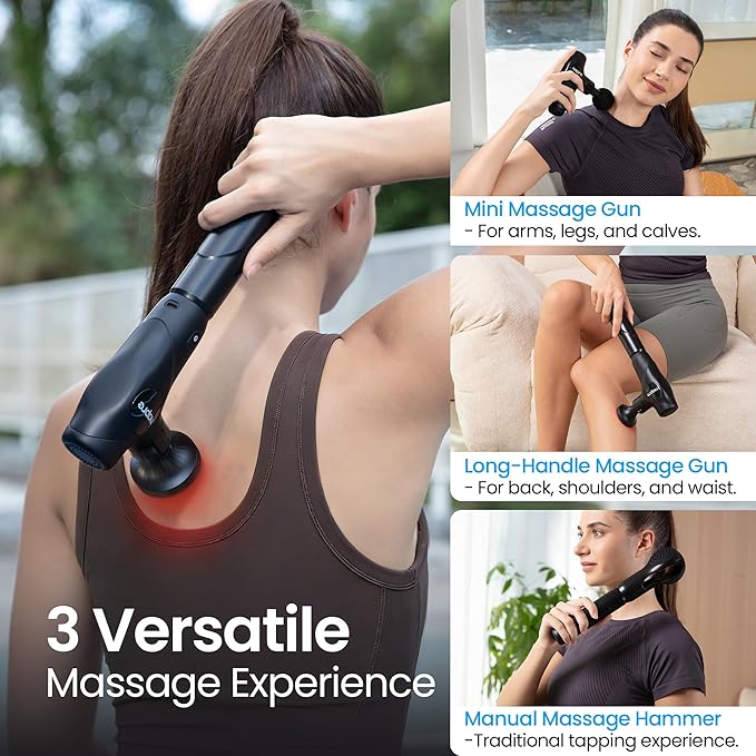 NAPRE 3-in-1 Detachable Massage Gun with Heat,Mini Massage Gun Deep Tissue with Extension Handle,Portable Handheld Percussion Muscle Massager for Back/Neck/Body,Small & Quiet,5 Heads