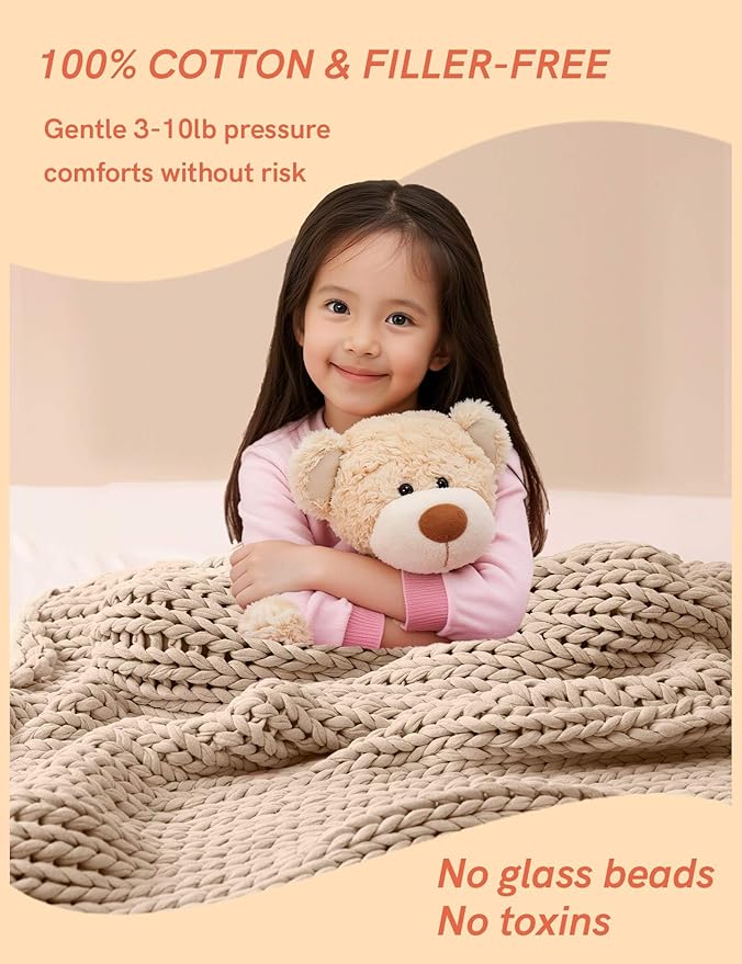 YnM Cooling Weighted Blanket, 100% Cotton Handmade Chunky Knitted Blanket, Weighted Lap, Breathable Heavy Blankets, Machine Washable Throw for Sleep or Home Decor (Beige, 50x60 Inch, 10lbs)