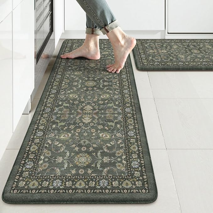 KIMODE Comfort Kitchen Mats for Floor Cushioned Anti Fatigue,Boho Vintage Kitchen Rugs Sets of 2 Non Slip,Memory Foam Kitchen Floor Mat Carpet for Laundry Office Home Decor,Dark Green