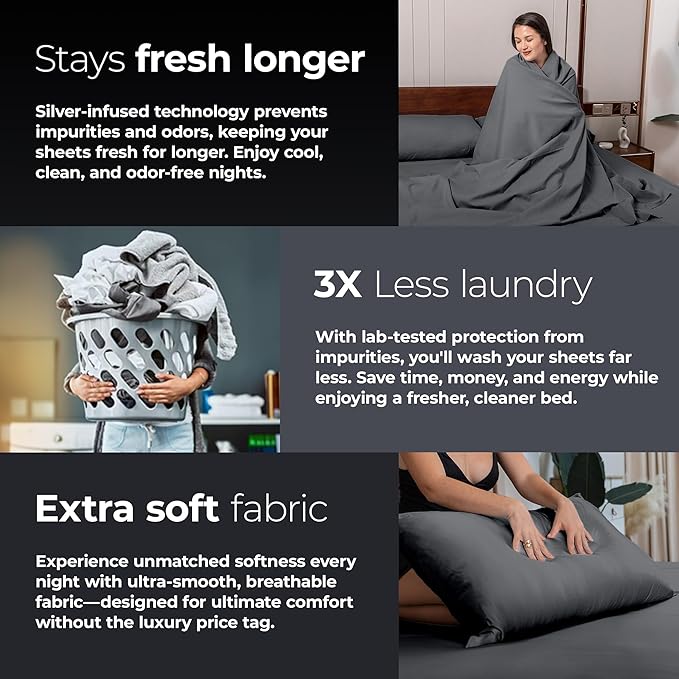 Silvery Silver Infused Bed Sheets Set - Ultra-Soft Temperature-Regulating Fabric with Self-Cleaning Technology™ That Stays Fresh 3X Longer for Hygienic Sleep