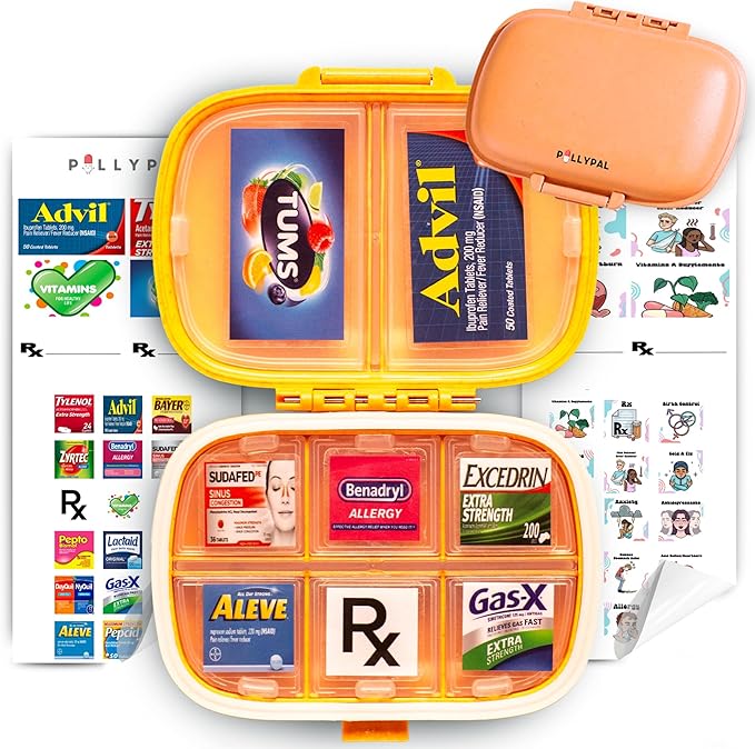 V2 Portable Travel Pill Organizer Holder with Stickers - 8 Slot Durable Compact Case to Organize Meds, Pills, Medicine, Prescriptions, Health Vitamins, Jewelry, Travel Essentials - Orange