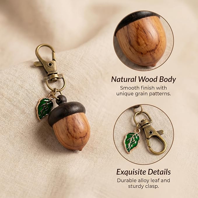 NIIIYTYB Cute Acorn Keychain Container Mini Pill Holder Charm for Bag Small Portable Brown Key Chain Charm Funny Leaf Decor Keychain for Purse and Accessories Small Bag Charms