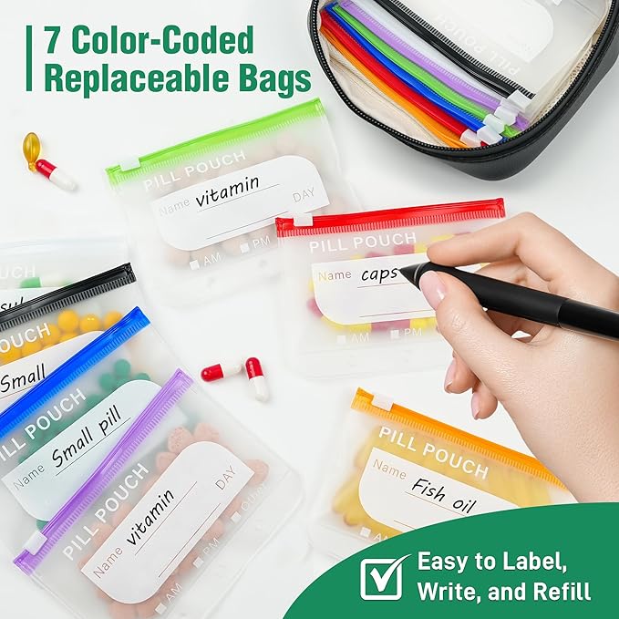 A8 Waterproof Pill Pouch Set, Large Weekly Pill Organizer with 14 Color-Coded Medicine Pouches, Reusable Travel Medicine Organizer, Zippered Pill Storage for Fish Oils, Vitamins（Black）
