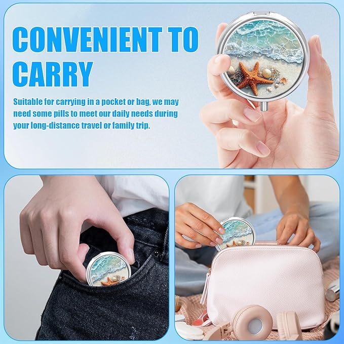 Pill Box, 3 Compartments Small Pill Case Travel Portable Metal Medicine Box with Mirror Mini Container for Purse Pocket Women Men(Beach Starfish)