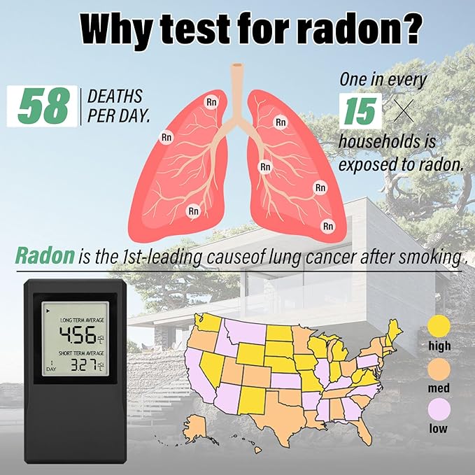 Radon Detector for Home, Allows Short and Long Term Monitoring of Radon Levels in The Air, Dual use for Hanging and Tabletop Placement, US Version-Pci/L,Radon Detector,Home Radon (Black)