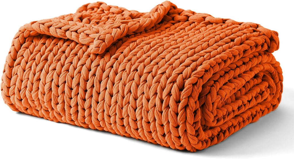YnM Cooling Weighted Blanket, 100% Cotton Handmade Chunky Knitted Blanket, Weighted Lap, Breathable Heavy Blankets, Machine Washable Throw for Sleep or Home Decor (Orange, 50x60 Inch, 10lbs)