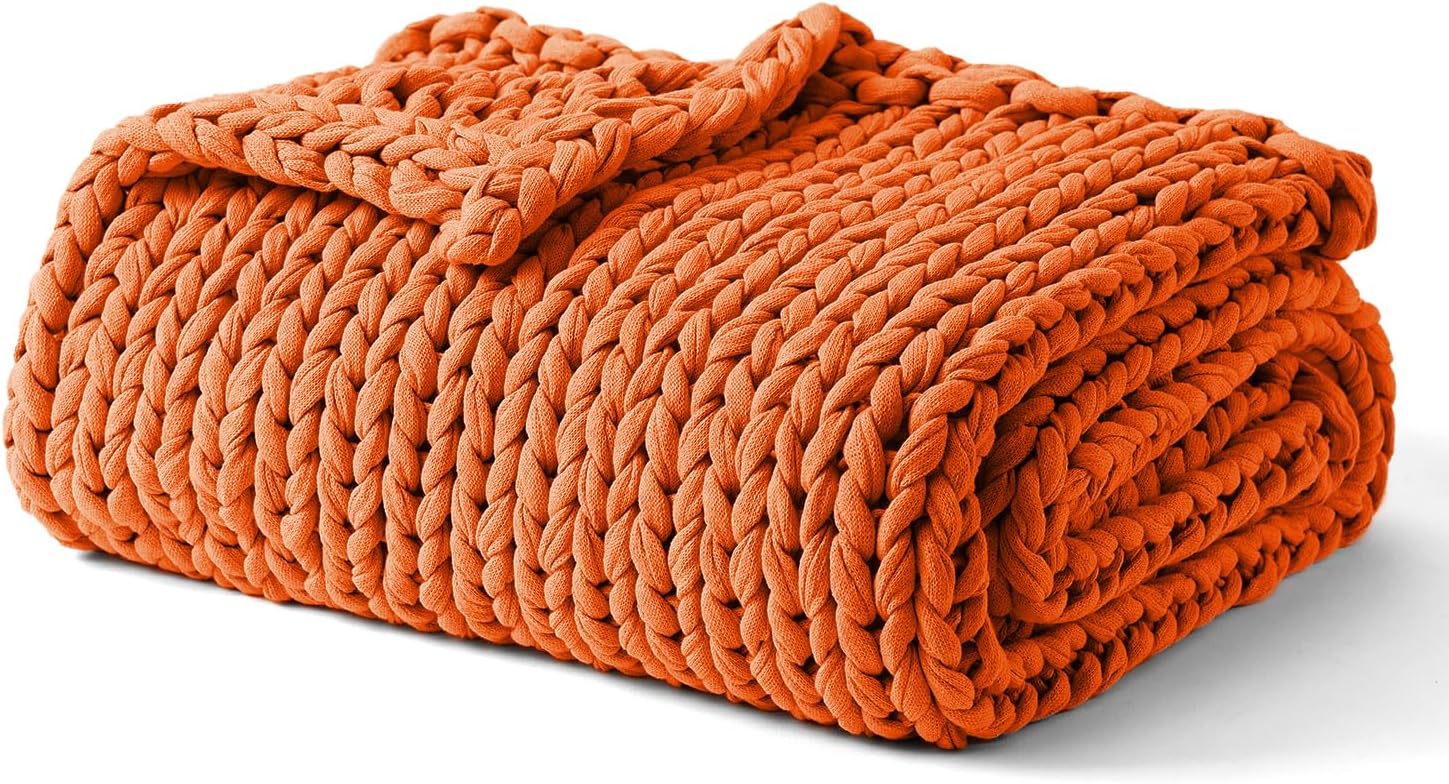 YnM Cooling Weighted Blanket, 100% Cotton Handmade Chunky Knitted Blanket, Weighted Lap, Breathable Heavy Blankets, Machine Washable Throw for Sleep or Home Decor (Orange, 50x60 Inch, 10lbs)