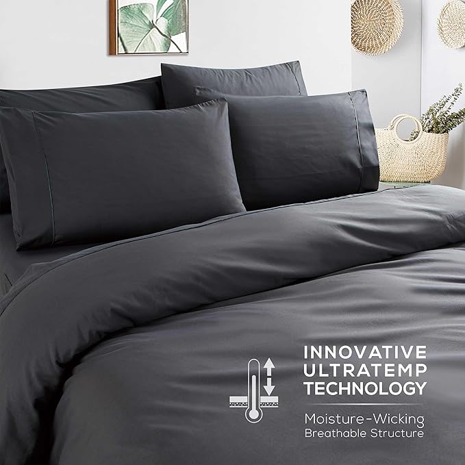 Mueller Ultratemp Bed Sheets Set, Super Soft 1800, 6 Piece California King Sheet Sets, Deep Pocket up to 16", Transfers Heat, Breathes Better, Hypoallergenic, Wrinkle-Resistant, Oeko-TEX, Dark Grey