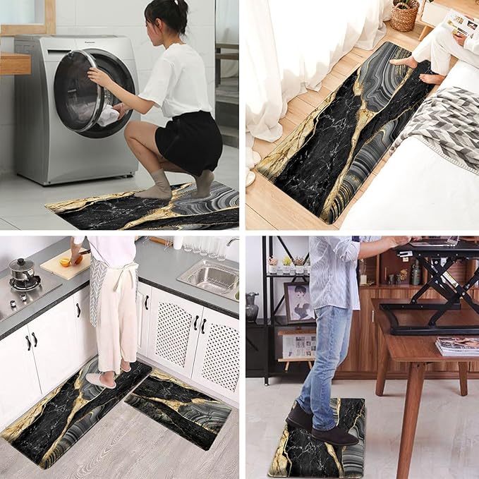 Bulijojo Black Ink Abstract Marble Anti Fatigue Kitchen Floor Mats Set of 2 Waterproof Kitchen Sink Runner Rug Standing Mat Cushioned Kitchen Rugs Comfort Doormat 17"x47"+17" x30“
