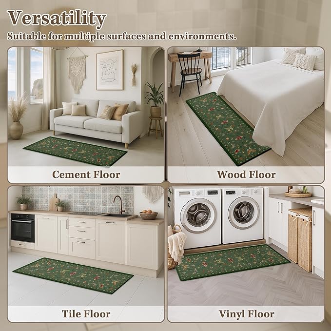 Arttown Kitchen Mats for Floor 2Pcs-Anti Fatigue Non Slip Mats for Kitchen Floor, Cushioned Waterproof & Stain-Resistant Boho Floral Mat Set, Laundry Room, Office, Sink, Desk (Green)