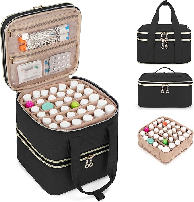 Yarwo Pill Bottle Organizer Storage Bag, 3 Layers Medicine Travel Case Empty with Demountable Design and Dividers for Pills, Potions, Vitamins and Emergency First Aid Supplies, Black (PATENT DESIGN)