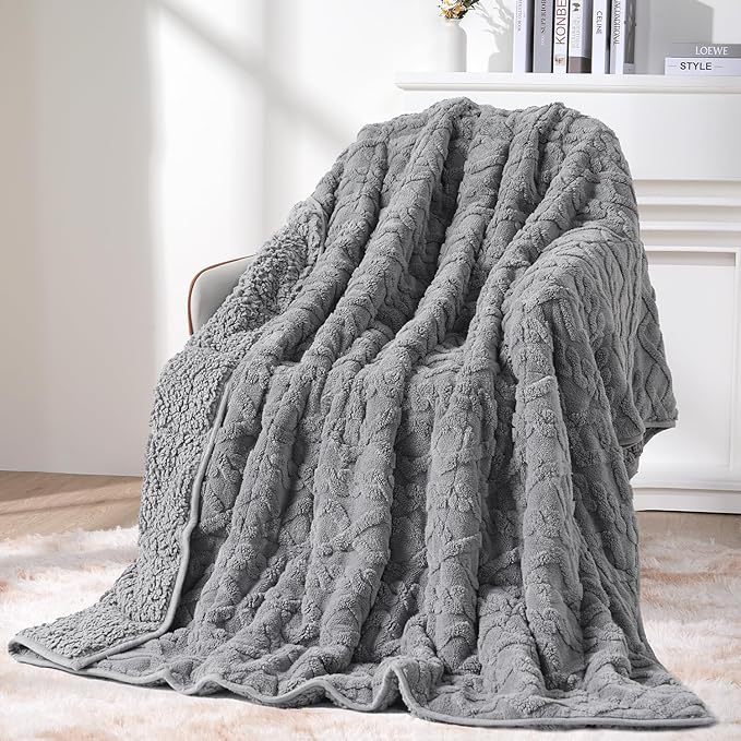 Topblan Weighted Blanket for Adults, 48" x 72" 12lbs, Soft Sherpa Twin Size Heavy Blanket with 3D Jacquard Flannel Fleece Weighted Blankets for Couch and Bed