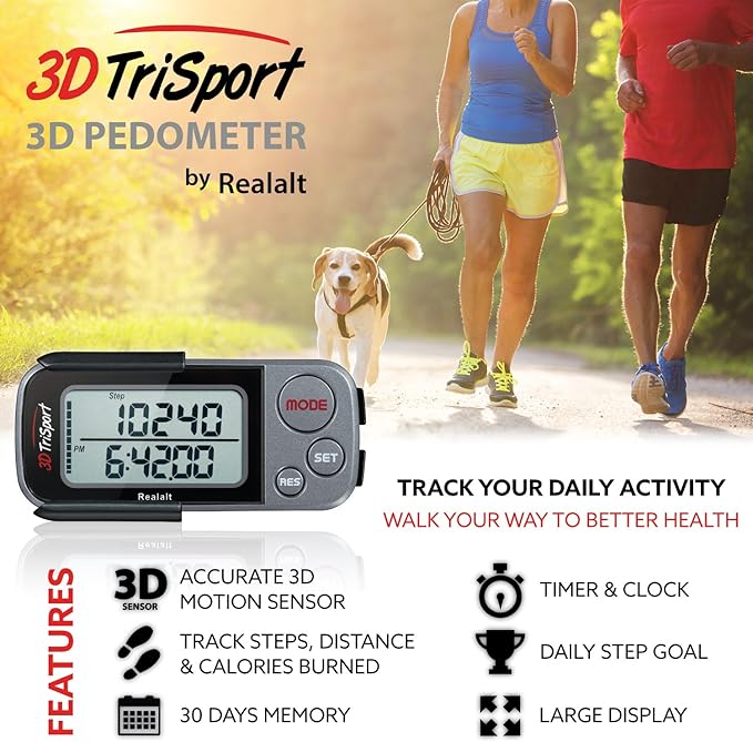Realalt 3DTriSport 3D Walking Pedometer with Clip & Strap, Accurate Step Counter with 30-Day Memory, Distance in Miles/KM with Large Display Perfect for Seniors & Beginners, eBook Included