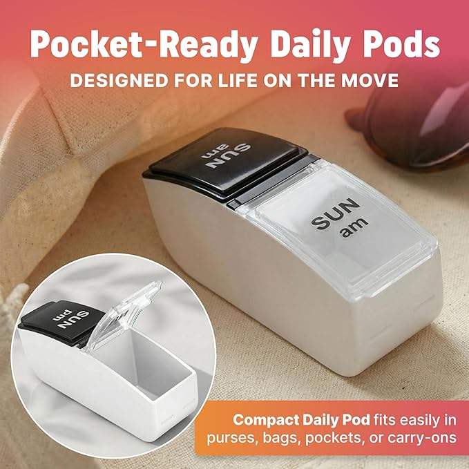 Weekly AM/PM Pill Organizer - 7 Day Medicine Planner with Large Pop-Out Daily Compartments, Easy Open 2-Times-a-Day Pill Case for Travel that Holds Big Size Vitamins & Supplements, Black and White