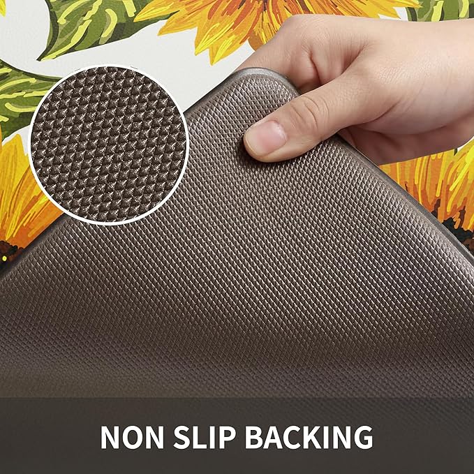 MAYHMYO Sunflower Kitchen Mat Set of 2 - Anti Fatigue Mats for Kitchen Floor - Non Slip Cushioned Rugs for Standing - Sunflower Decor (17.3"×29"+17.3"×47"-0.4")
