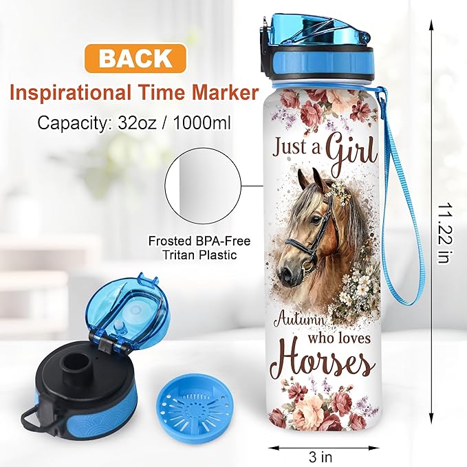 Hyturtle Personalized Just A Girl Who Loves Horses 32Oz Liter Motivational Water Bottle, Customized Name With Time Marker, Gifts For Women, Gifts For Horse Lovers On Birthday, Mother's Day