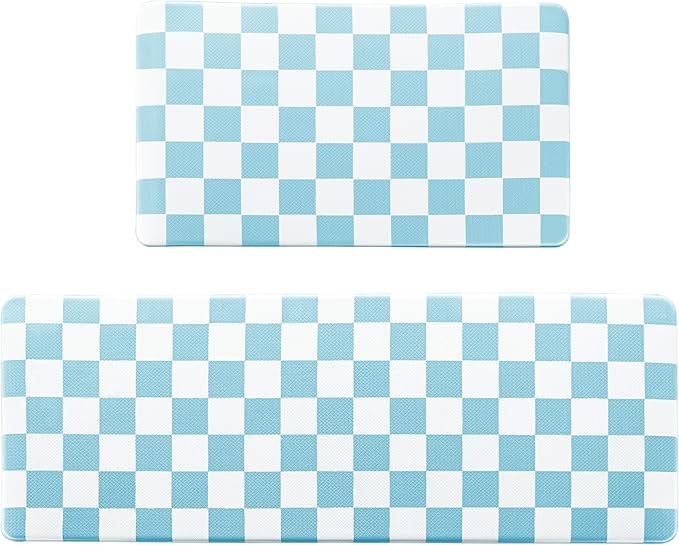 Sky Blue Checkered Grid Checkerboard Kitchen Rug Sets [2 PCs], Anti-Fatigue, Waterproof Non-Slip Kitchen Mats Heavy Duty Ergonomic Comfort Foam Rug for Floor, Home, Laundry,17"x29"+17"x47"