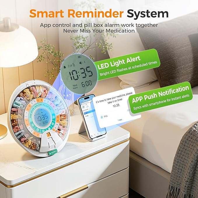 Betife Automatic Pill Dispenser,28-Day Smart Bluetooth Pill Box, App Support Automatic Pill Case with 6 Alarms & Light Reminder, Monthly Timer Dispenser,Electronic Medication Management for Seniors