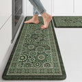 KIMODE Anti Fatigue Kitchen Mats for Floor 2 Piece Cushioned Boho Kitchen Rugs Memory Foam Kitchen Floor Mats Standing Desk Mats for Laundry Office Sink Green 17"x47"+17"x29"