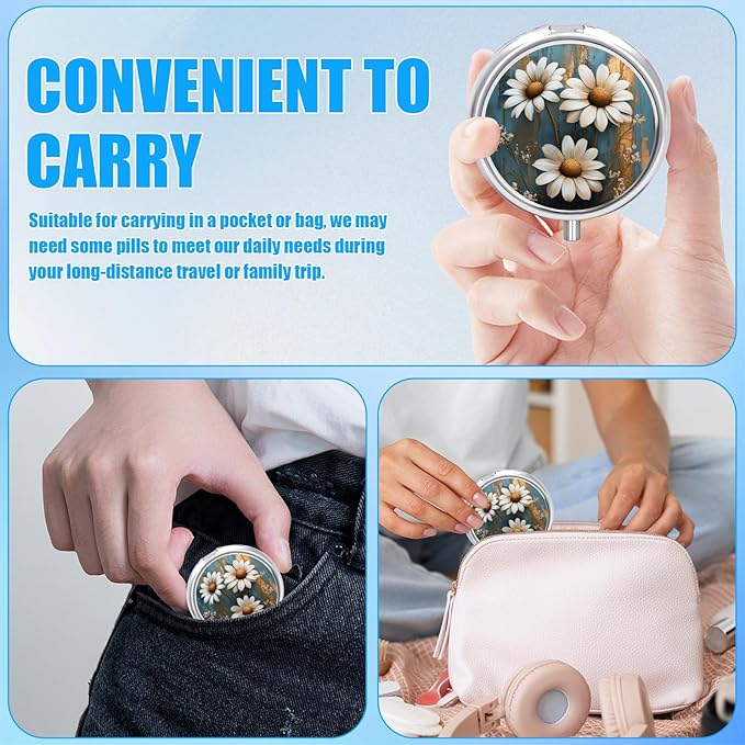 Pill Box, 3 Compartments Small Pill Case Travel Portable Metal Medicine Box with Mirror Mini Container for Purse Pocket Women Men(White Daisy)