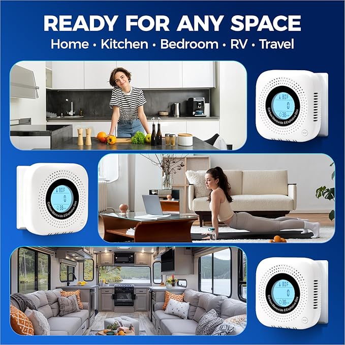 Plug-in Carbon Monoxide & Natural Gas Leak Detector, 4-in-1 CO, Methane, Propane Alarm with Temperature & Humidity Monitor for Home, Kitchen, RV, Hotel, Travel – White