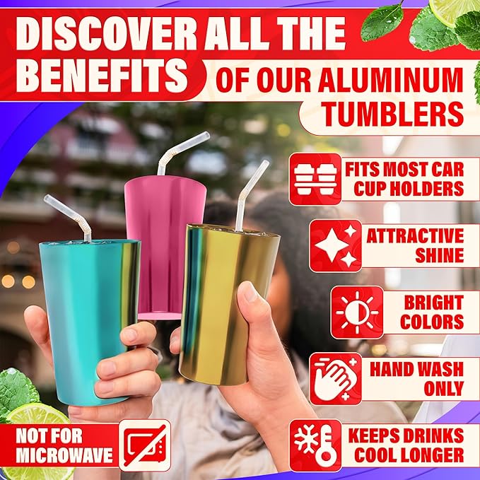 Retro Style Aluminum Cups 15 oz Set of 6 - Metal Tumblers for Cold Drinks, Festive Color-Finished Metal Cups for Drinking, Stackable and Dishwasher-Safe, for Home, Camping, Patio & Holiday Parties