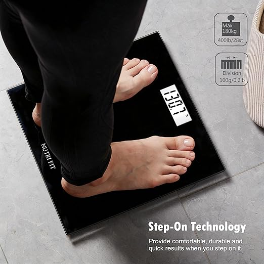 NUTRI FIT Digital Bathroom Scale Body Weight Scales 400 lbs Ultra Slim Most Accurate for Gym Yoga Studio with Large Backlit Display, Black