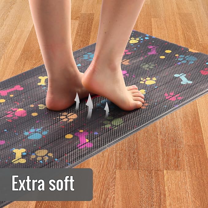 Extra Large Kitchen Mats Cushioned Anti Fatigue Kitchen Mats for Floor 2 PCS Waterproof Non-Slip Comfort Standing Mat, Colorful Dog Paw and Bone(Chocolate)