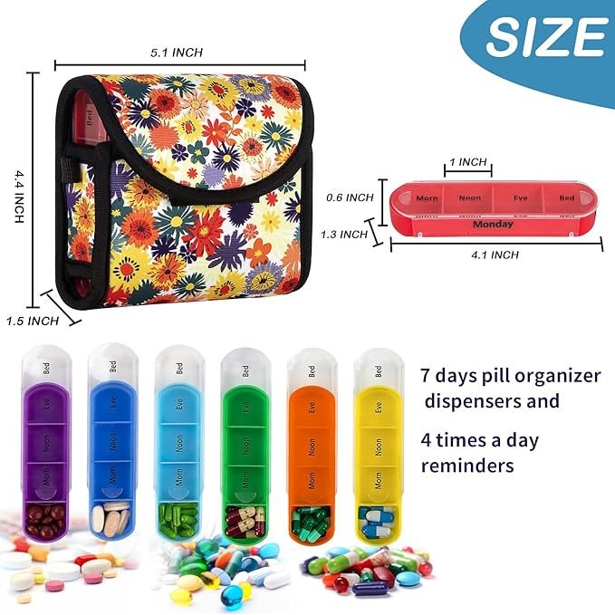 bvya Pill Organizer Case, Weekly Travel Pill Case Medication Reminder Daily AM PM, Day Night 7 Compartments,for 4 Times A Day, 7 Days a Week-Includes Printed Patterns Neoprene Carrying Case