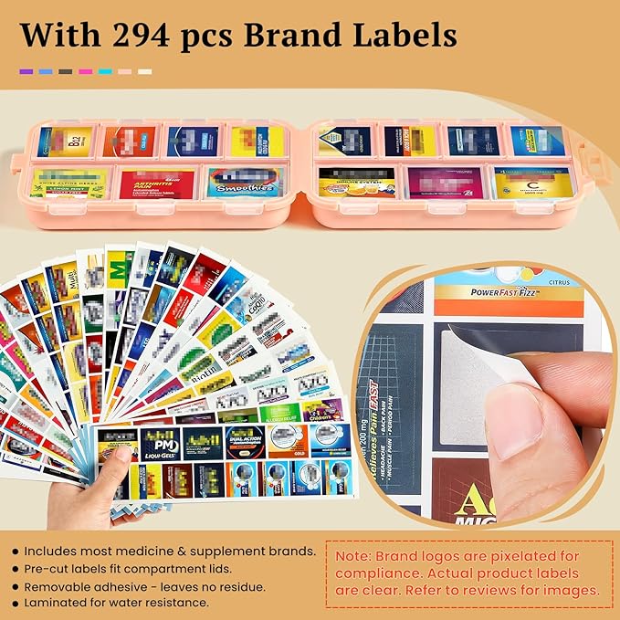 Travel Pill Organizer with Bulk Stickers & Labels - Small & Portable Week Daily Medicine Pharmacy for Pocket, Bag - 14-Compartment Foldable Supplement Box Holder for Fish Oil Vitamin - Pink