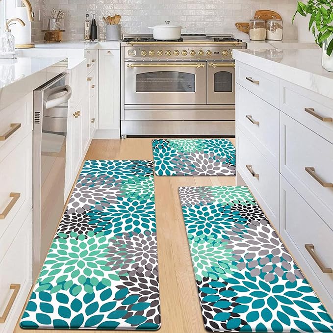 Likiyol Kitchen Mats for Floor [3 PCS] Anti-Fatigue Comfort Kitchen Rugs, Boho Flower Cushioned Waterproof Decor Mat Thick, Standing Floor Mats for Home/Office, 18''x30''+18''x48''+18''x60''(Teal)